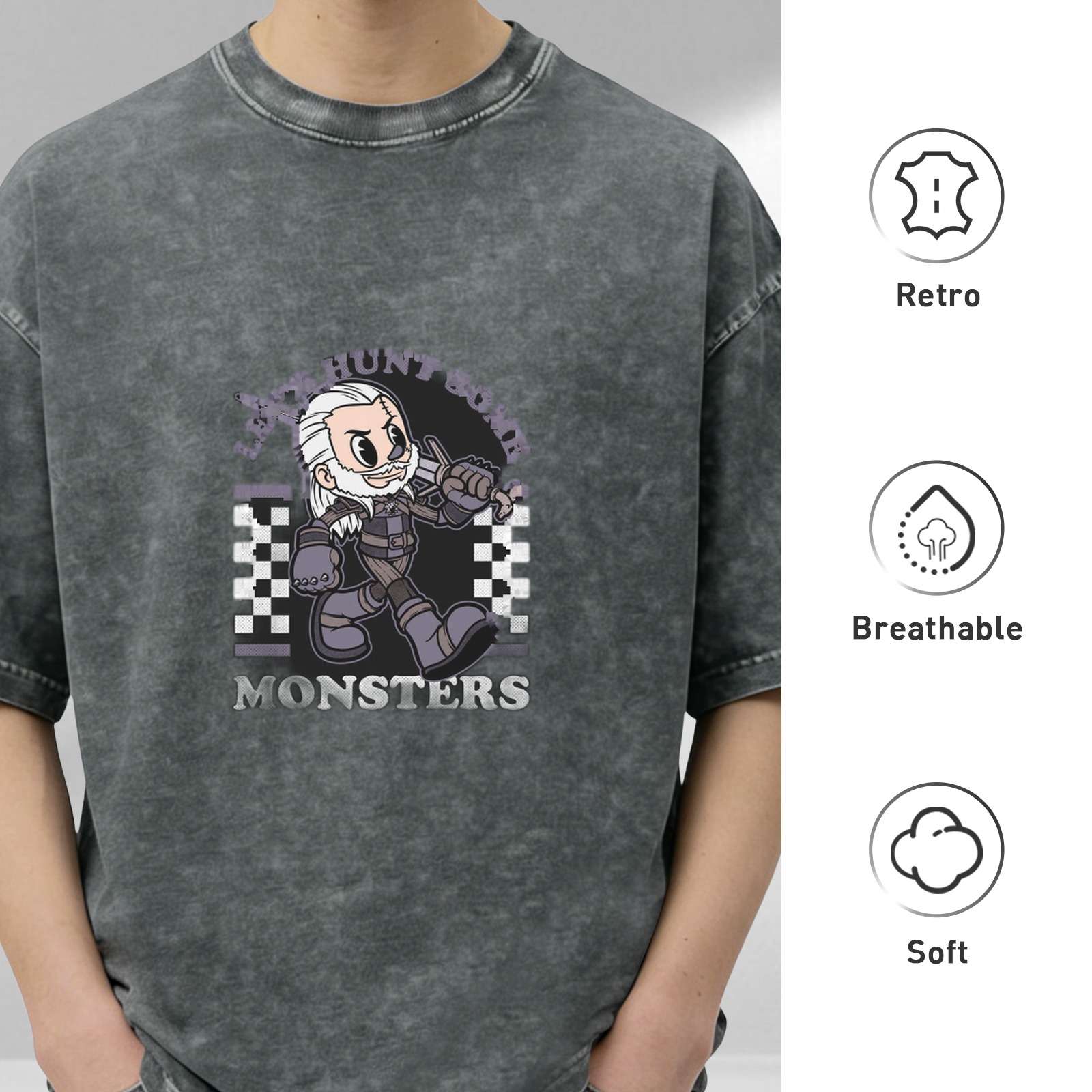 Witcher monster hunt cartoon graphic acid wash t-shirt