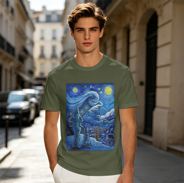 Olive T-Shirt with Starry Night Alien Landscape Art Print