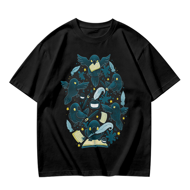 Olive T-Shirt With Whimsical Crow And Stationery Print