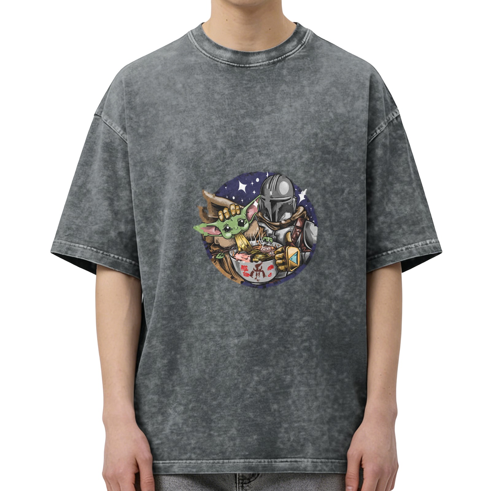 Star Wars Themed Washed Cotton T-Shirt With Grogu and Mandalorian Graphic