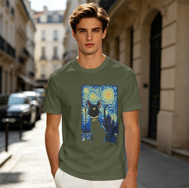 Olive T-Shirt with Starry Night Cat Art Print