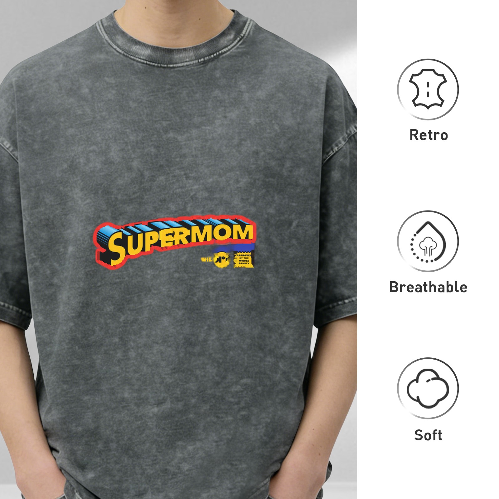 Washed Black T-Shirt With Supermom Comic Style Graphic Print