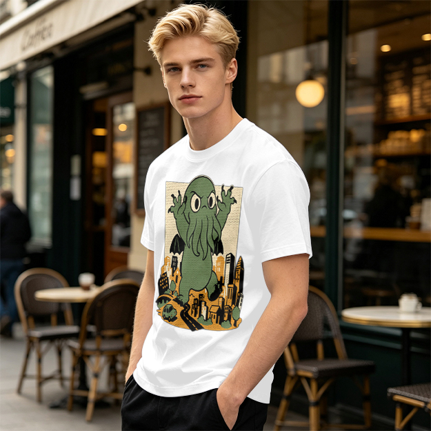 Olive T-shirt with cartoon Cthulhu monster destroying cityscape print