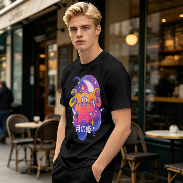 Olive t-shirt with cosmic cat and moon graphic print