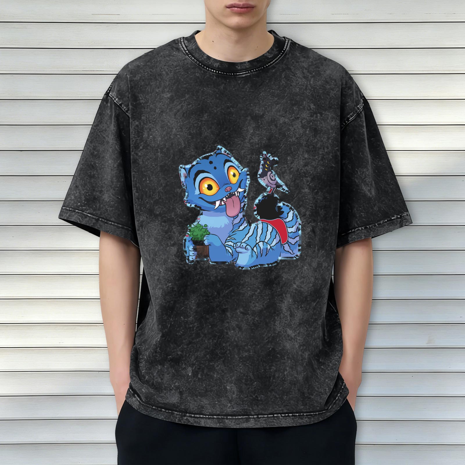 Washed black graphic t-shirt with playful blue fantasy cat print