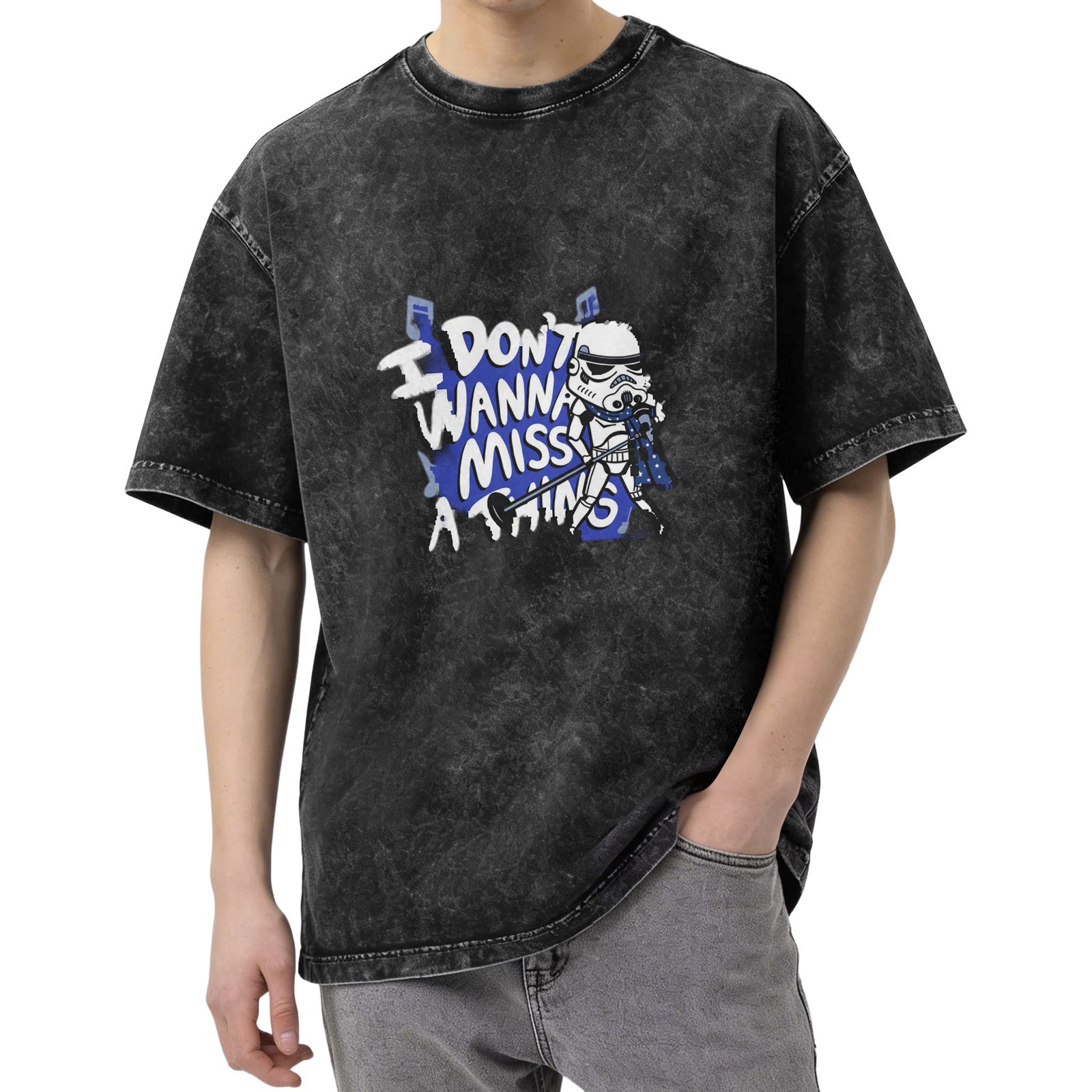 Washed Black T-Shirt With Stormtrooper Singer Graphic and I Don't Wanna Miss A Thing Text