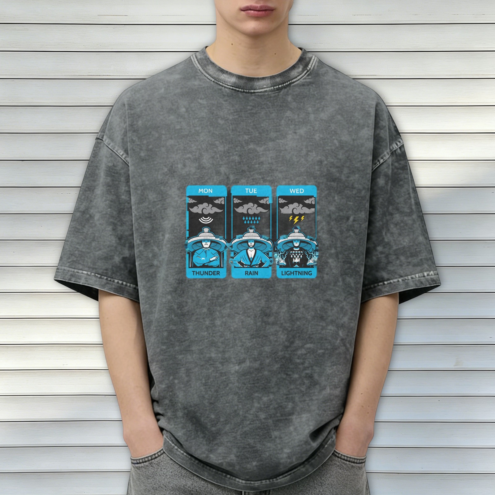Distressed washed black loose short-sleeved T-shirt Monday to Wednesday weather-themed fun printed top