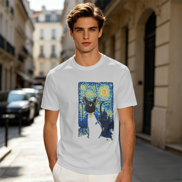 Olive T-Shirt with Starry Night Cat Art Print