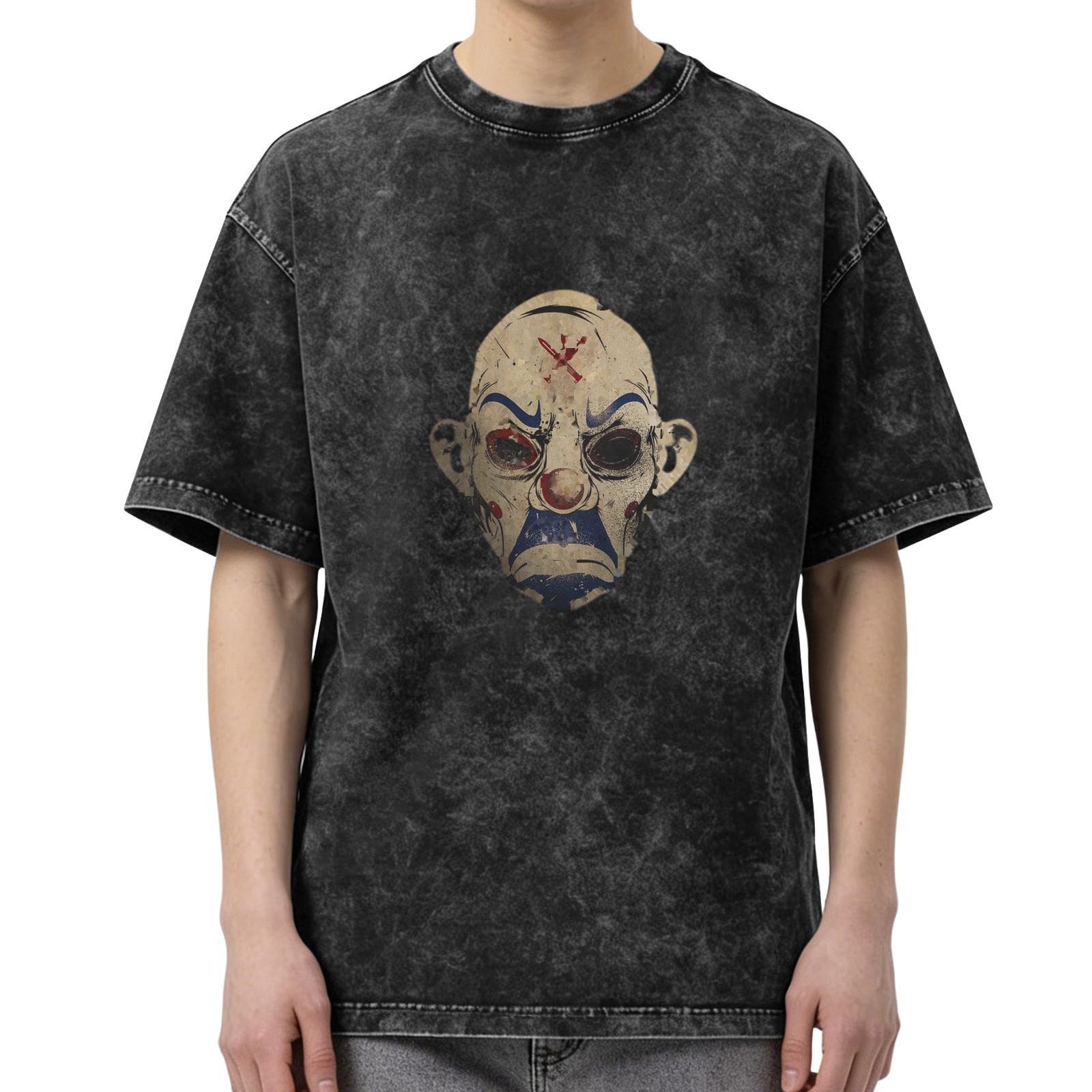 Distressed washed black loose short-sleeved T-shirt Scary clown mask printed trendy top