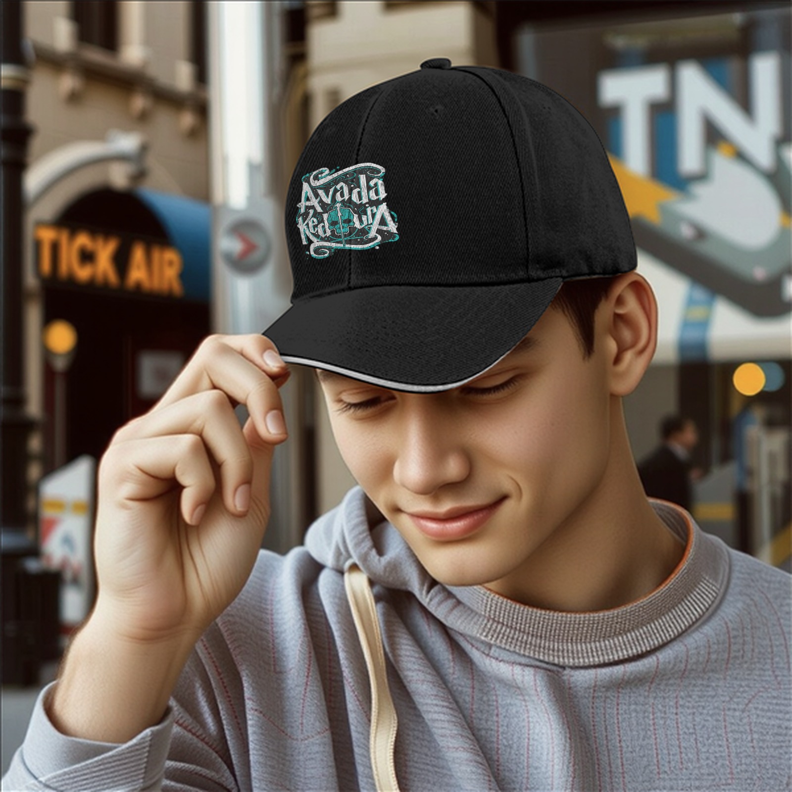 Black baseball cap with Avada Kedavra spell graphic