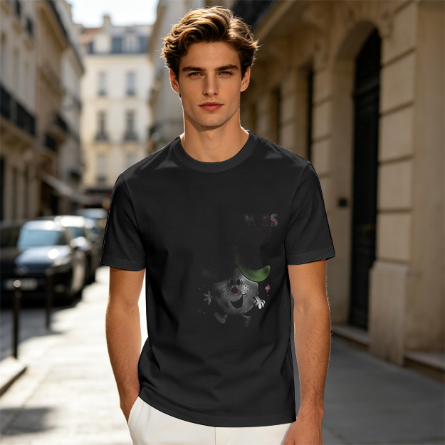 Olive green graphic t-shirt with playful cartoon character print