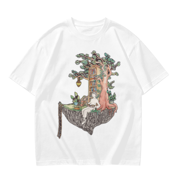 Olive t-shirt with whimsical floating treehouse reading scene print