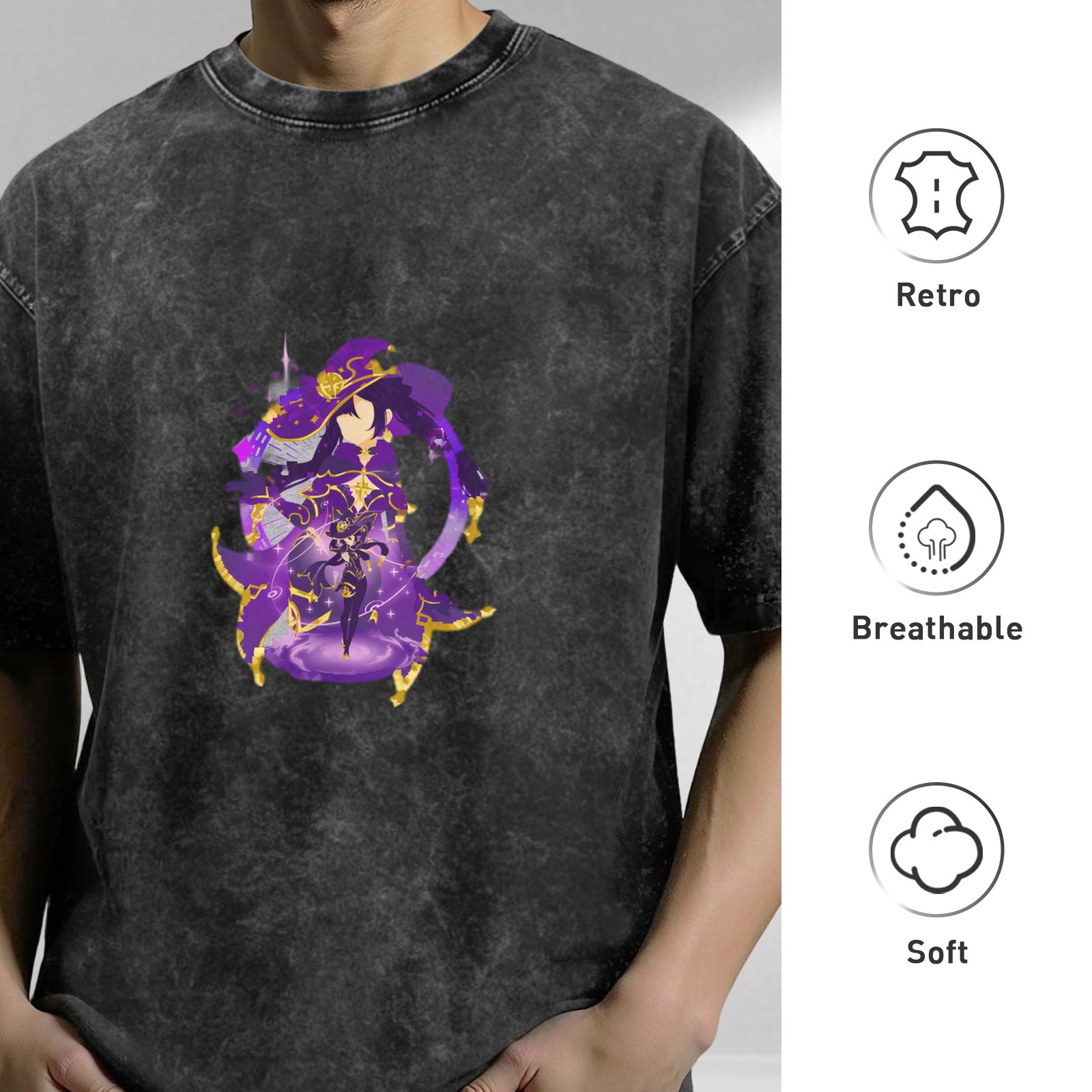 Washed Black Oversized T-Shirt with Fantasy Witch Character Print