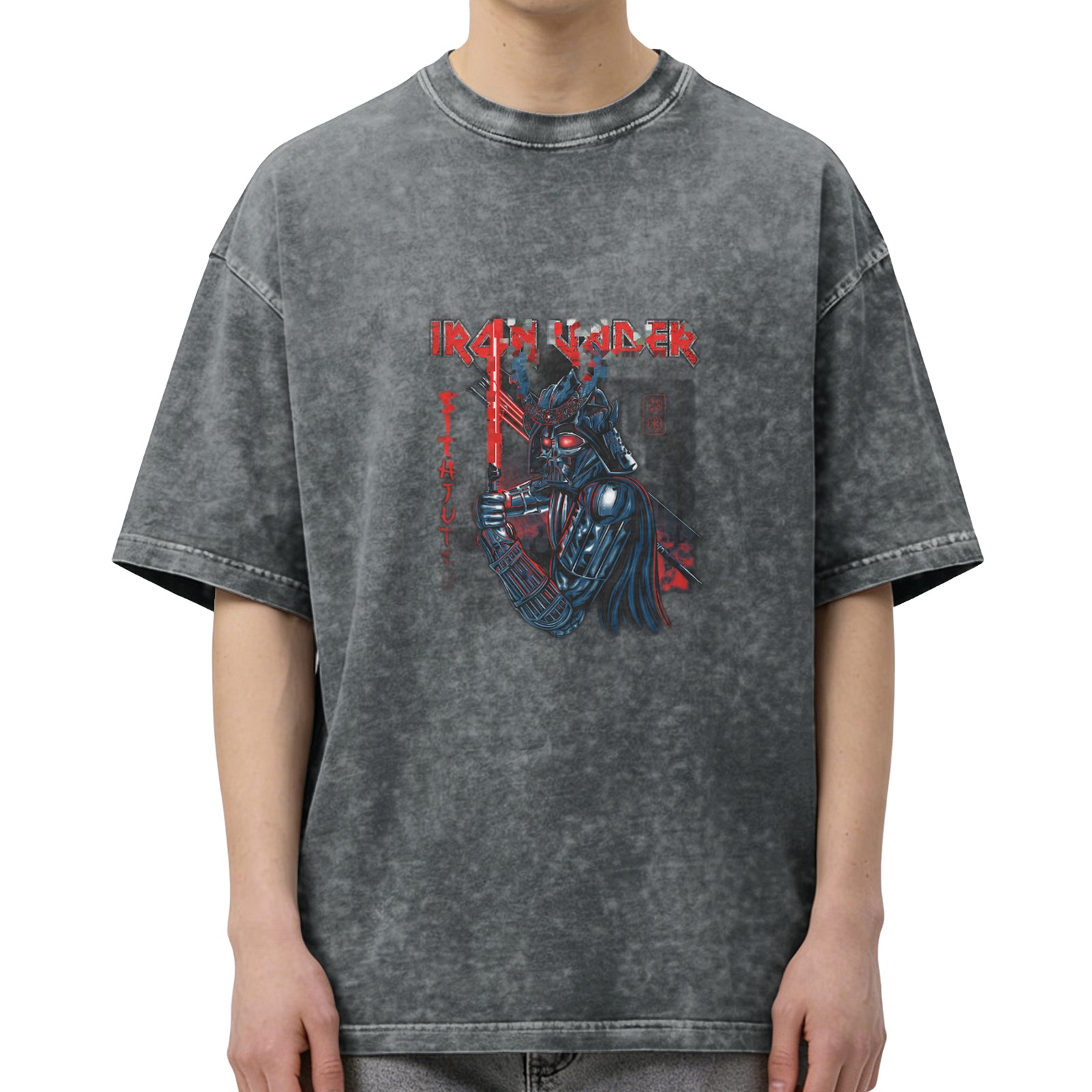 Oversized Acid Wash T-Shirt with Samurai Darth Vader Iron Vader Graphic