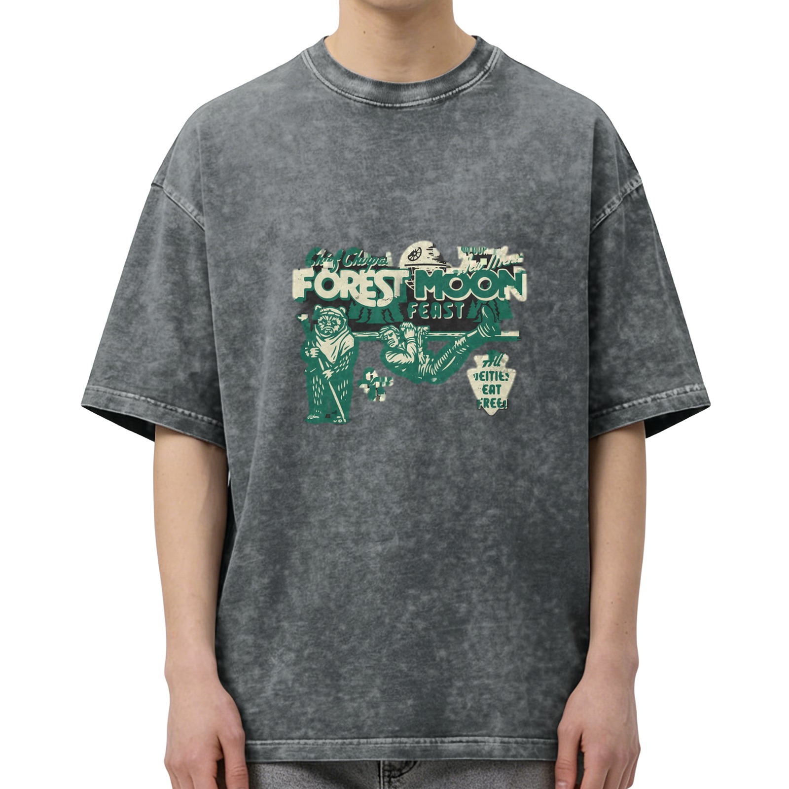 Washed black graphic t-shirt with Forest Moon Feast design