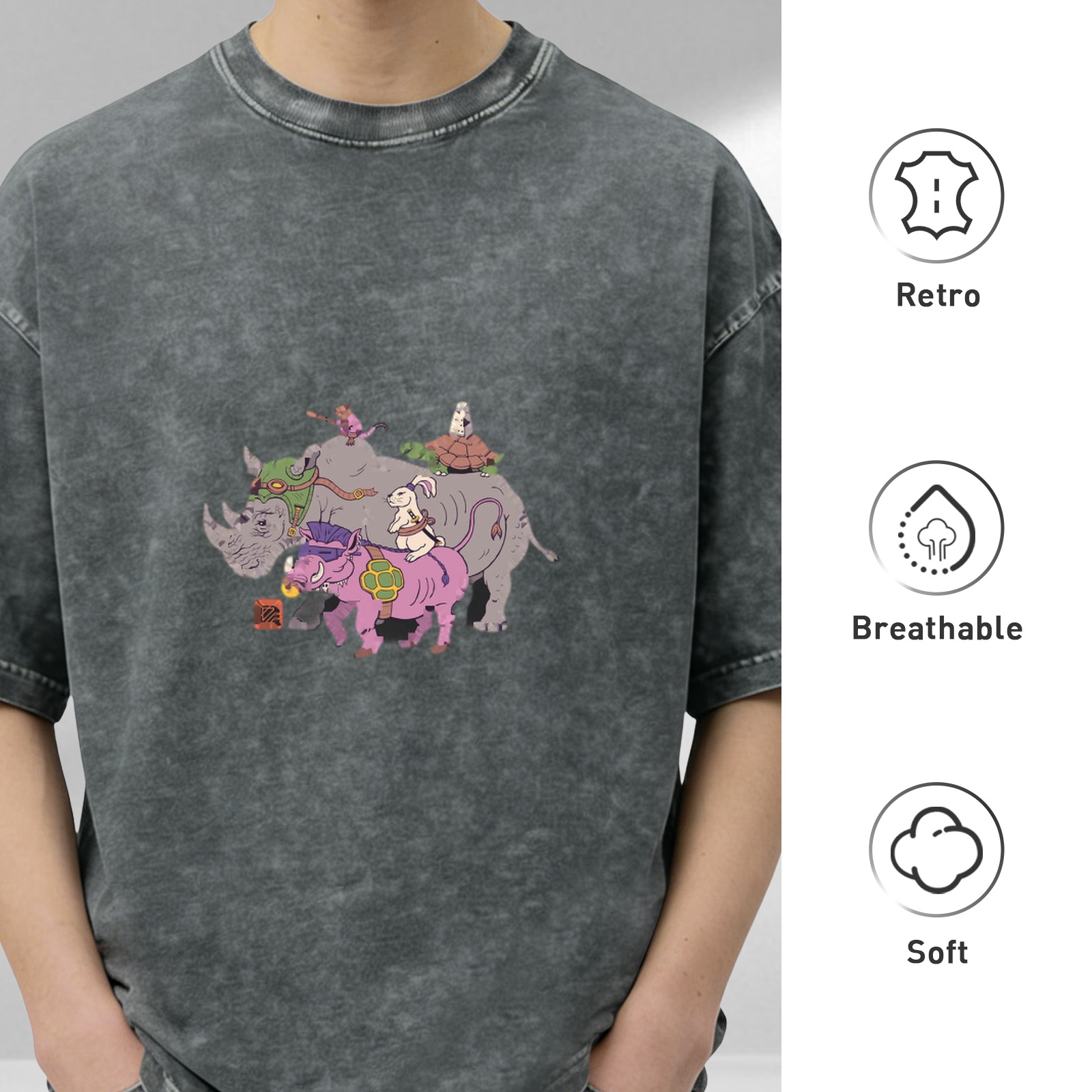 Washed black graphic t-shirt with fantasy animal characters print