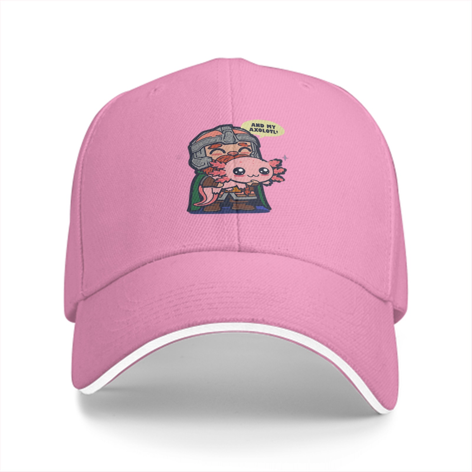 Black baseball cap with dwarf holding axolotl graphic