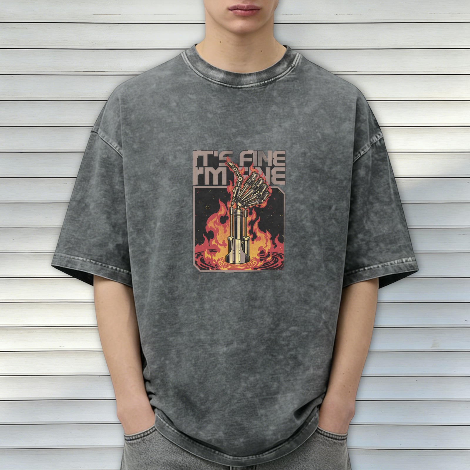 It's Fine I'm Fine Robot Hand On Fire Graphic T-Shirt