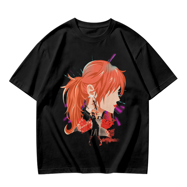 Olive T-Shirt with Anime Red-Haired Girl Profile Art Print