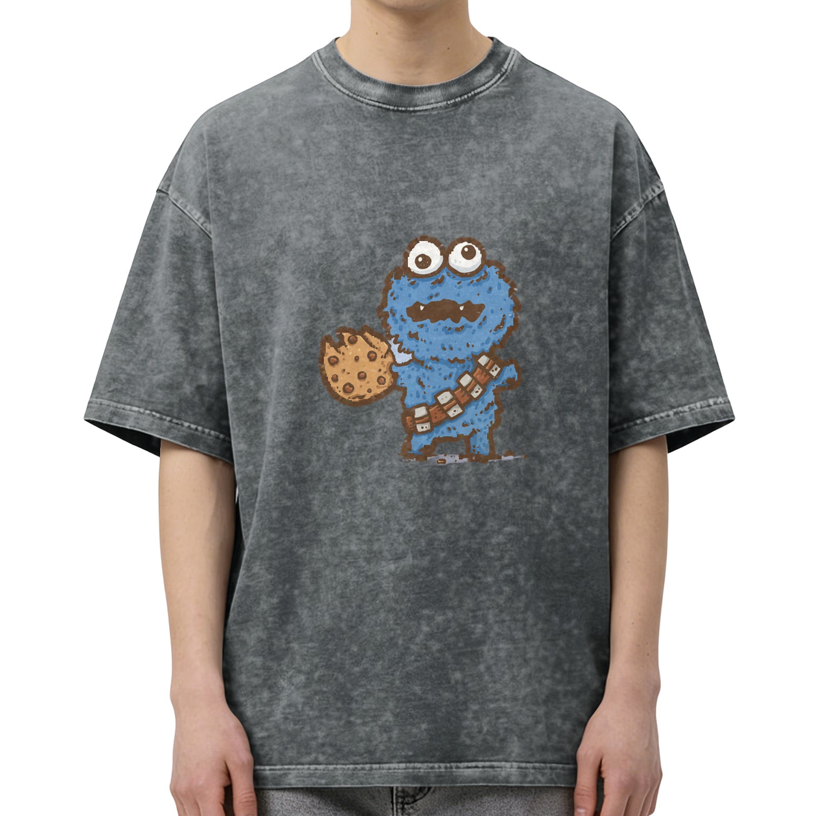 Washed Black T-Shirt with Cookie Monster Holding a Cookie Graphic