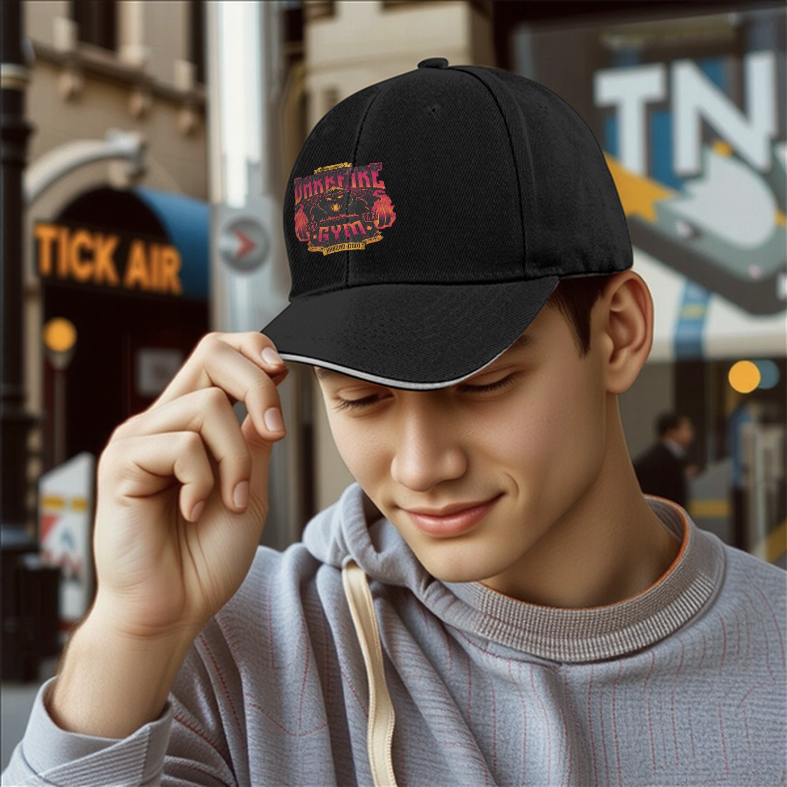 Black baseball cap with Darkfire Gym Khazad-dam graphic print