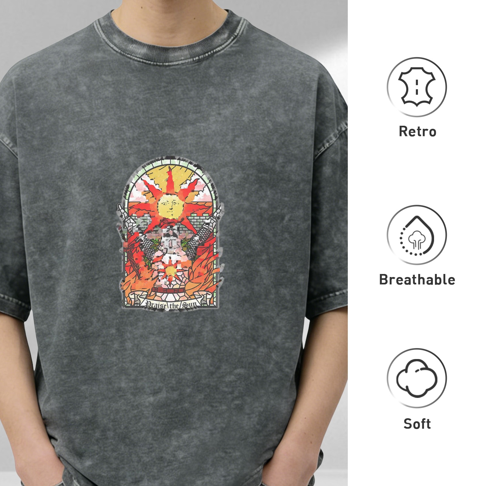 Dark Wash Oversized T-Shirt with 'Praise the Sun' Stained Glass Style Graphic