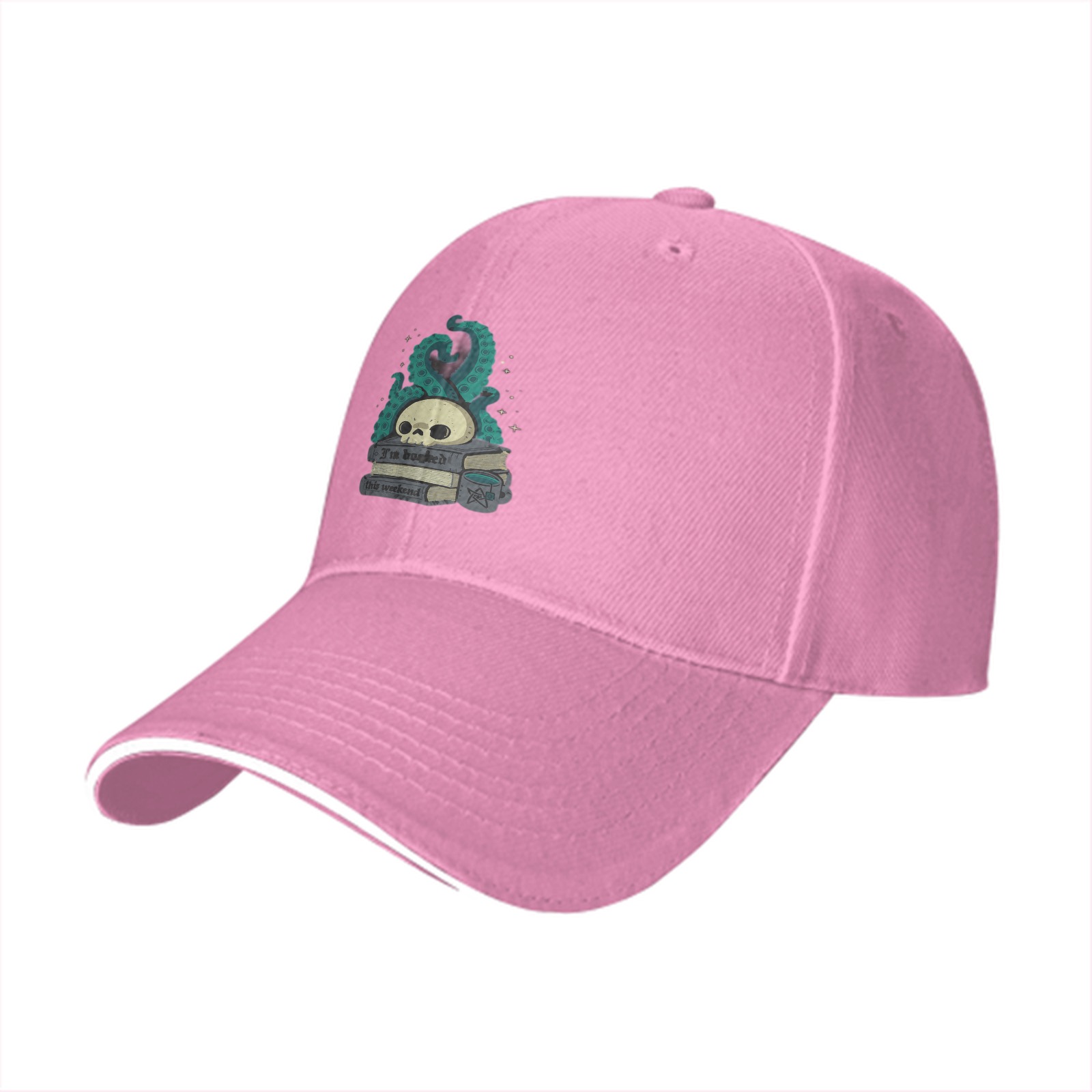 Black baseball cap with skull tentacle book graphic design