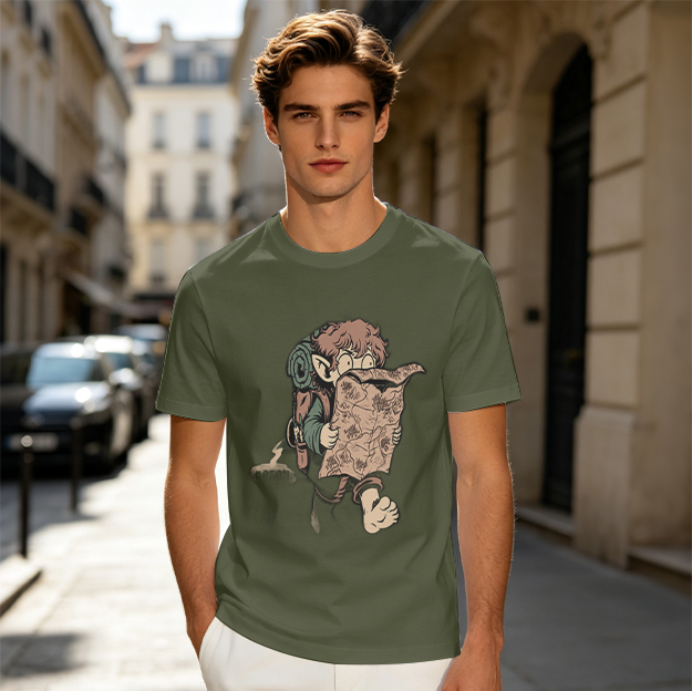 Olive T-Shirt with Cartoon Halfling Explorer Reading Treasure Map