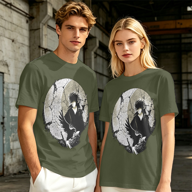 Olive T-shirt with Dark Anime Character and Raven Print