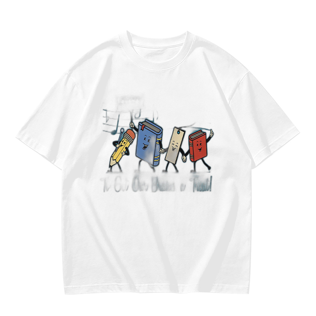 Olive Green T-Shirt with Cartoon School Supplies Graphic