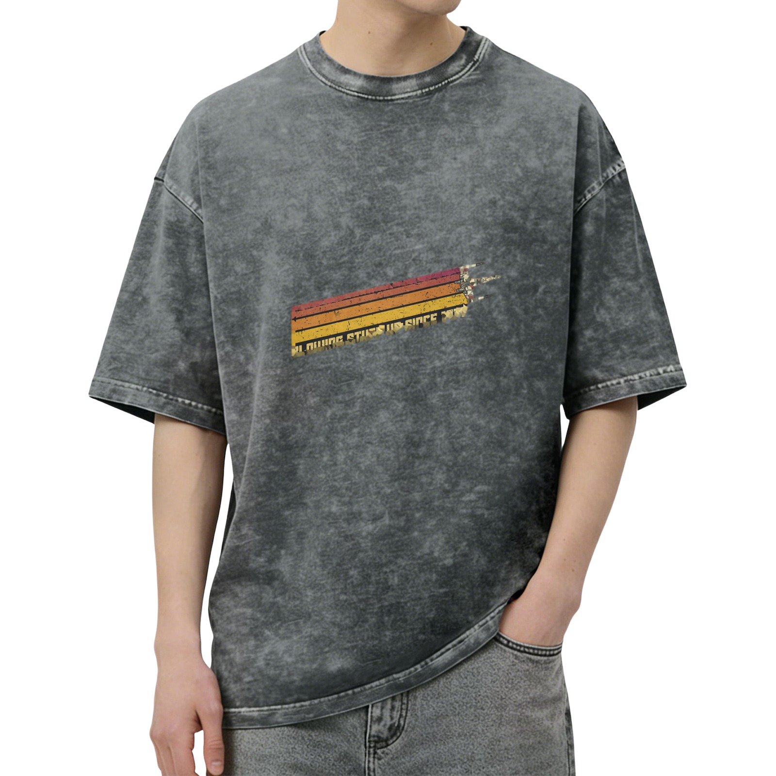 Distressed washed black retro striped pattern short-sleeved T-shirt