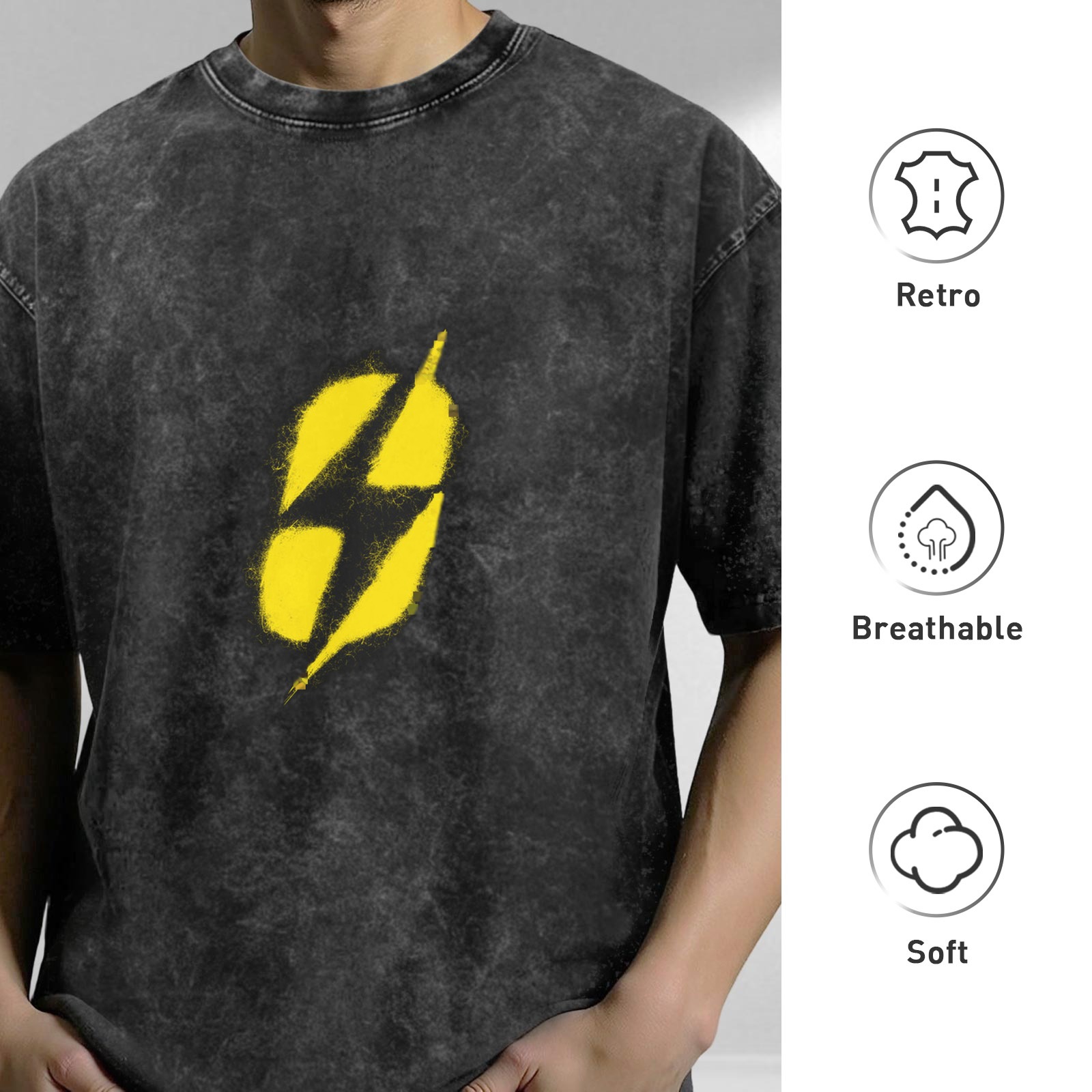 Washed Black T-Shirt With Yellow Lightning Bolt Graphic