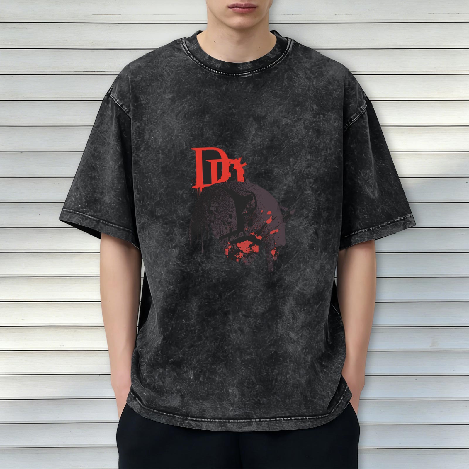 Oversized Dark Wash Graphic T-Shirt With Red D Logo And Skull Art