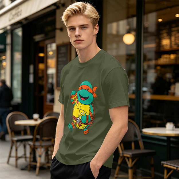 Olive T-shirt with cartoon ninja turtle holding pizza graphic