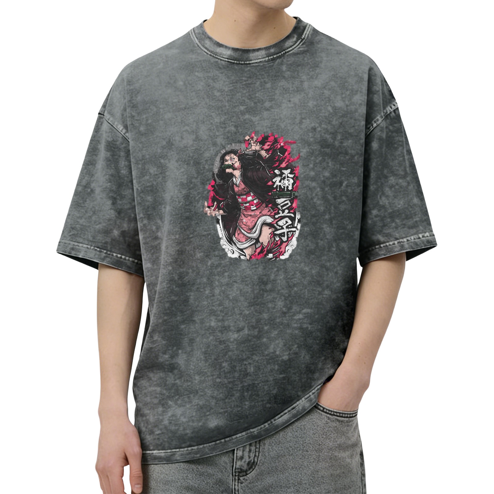 Oversized Acid Wash Anime Demon Slayer Nezuko Graphic T-Shirt