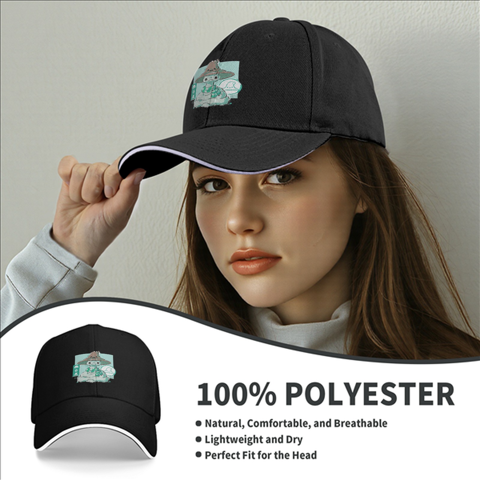 Black Baseball Cap With Cute Witch Snake Character Graphic