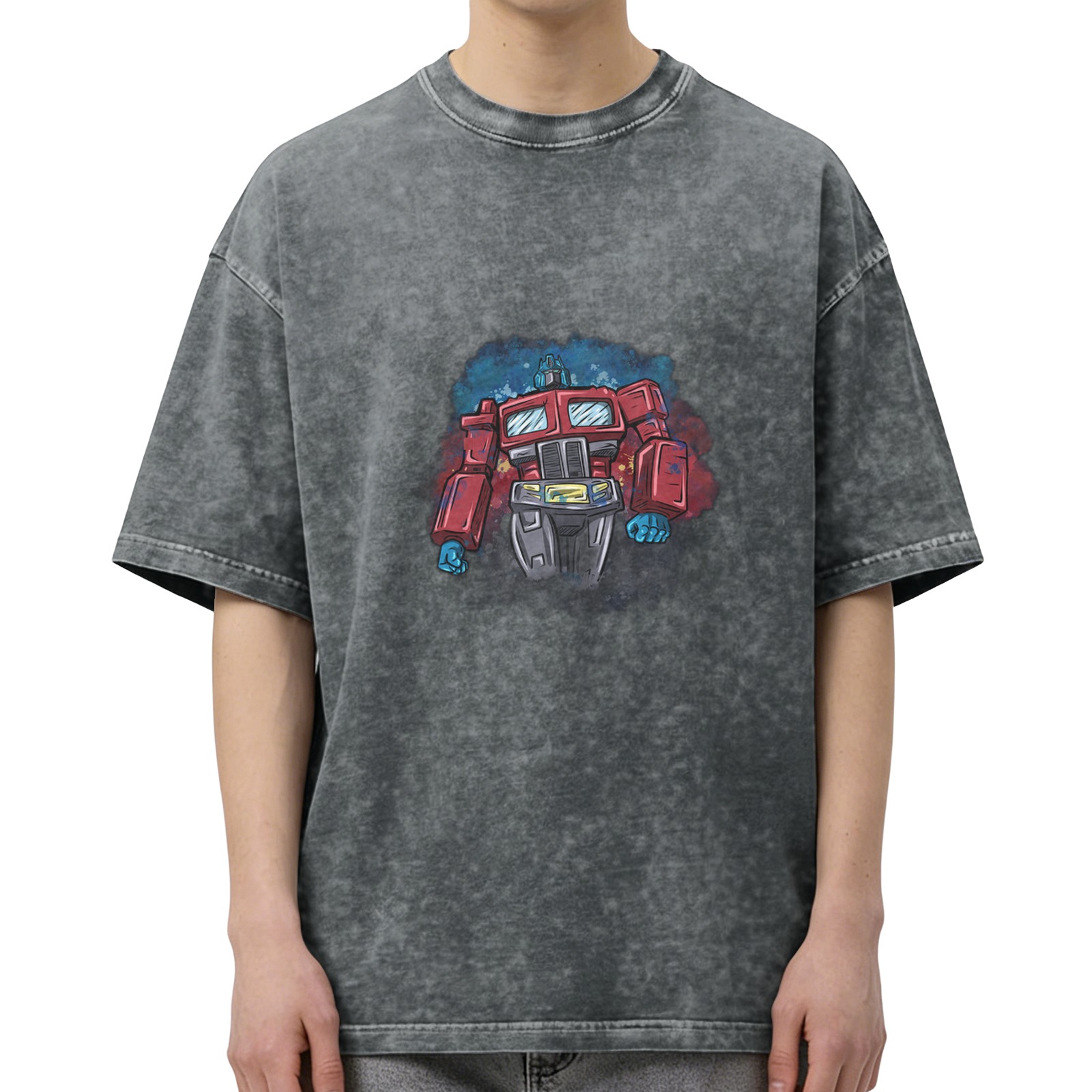 Washed Black T-Shirt With Retro Robot Graphic Print