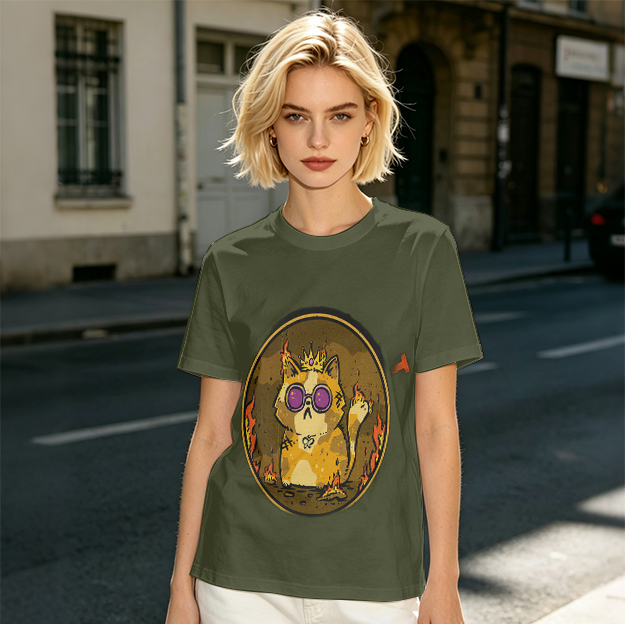 Olive T-Shirt With Flaming Royal Cat Wearing Sunglasses Print