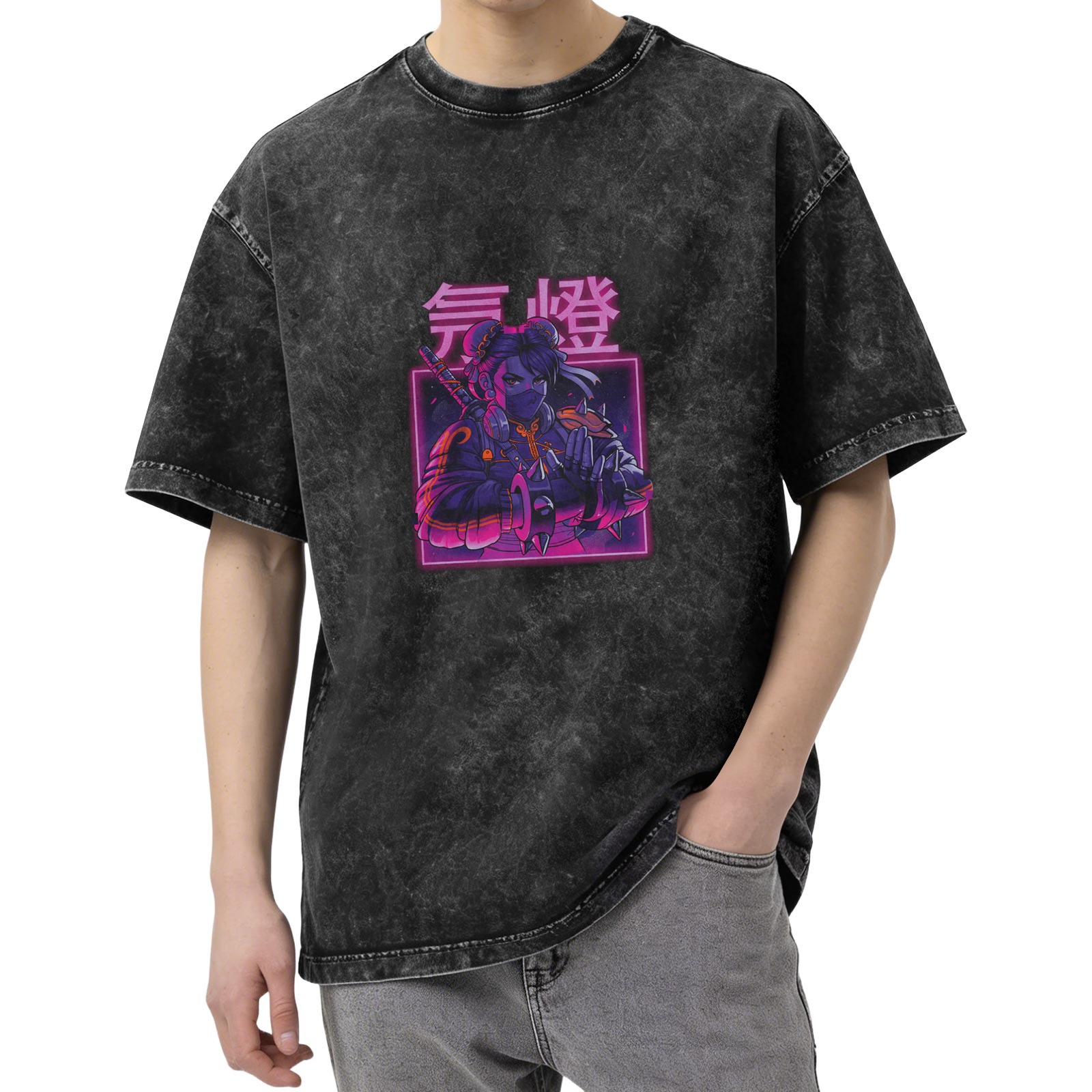 Distressed washed black loose short-sleeved T-shirt Cyberpunk style anime ninja print Japanese text design Street fashion casual top