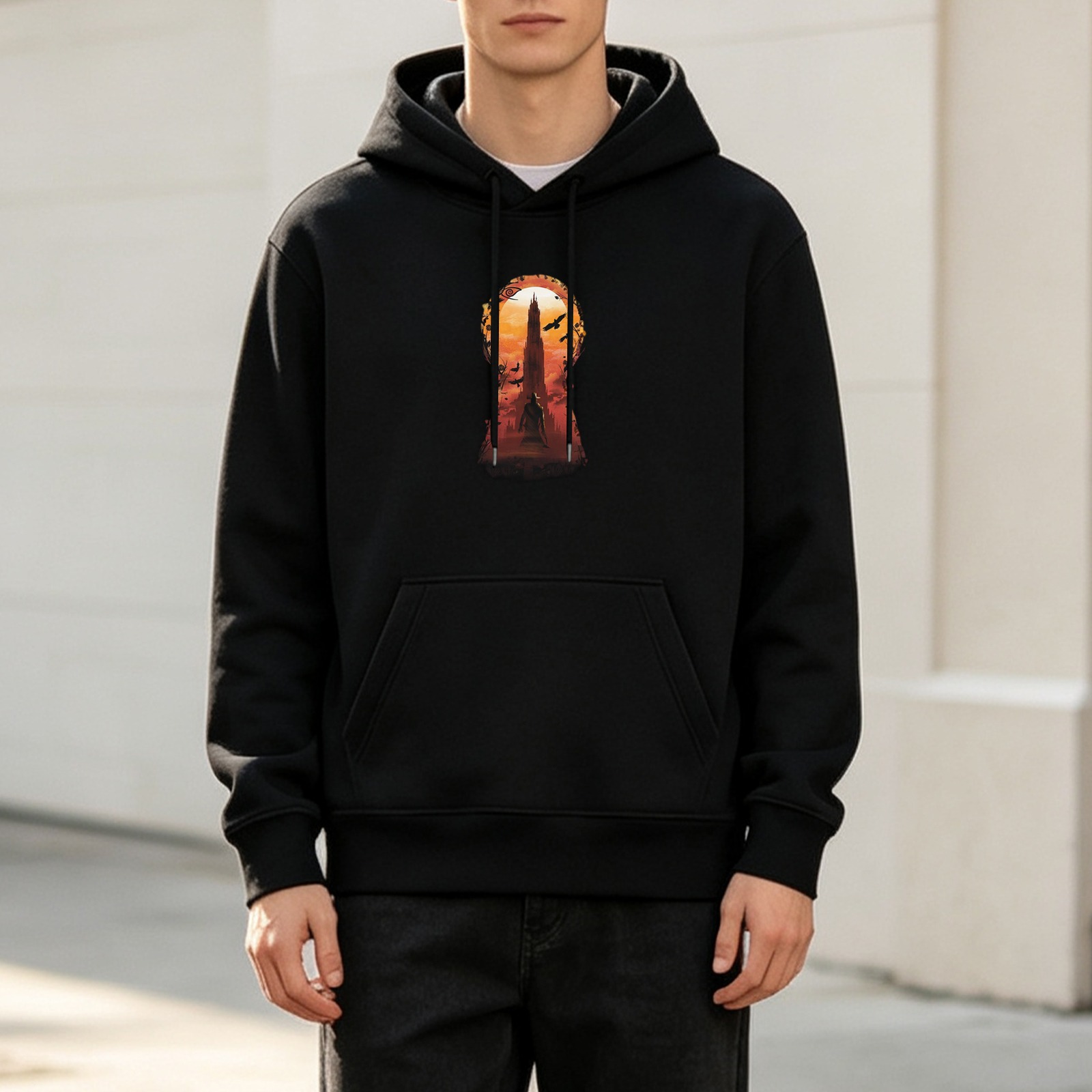 Black Hoodie With Keyhole Tower Sunset Graphic Print