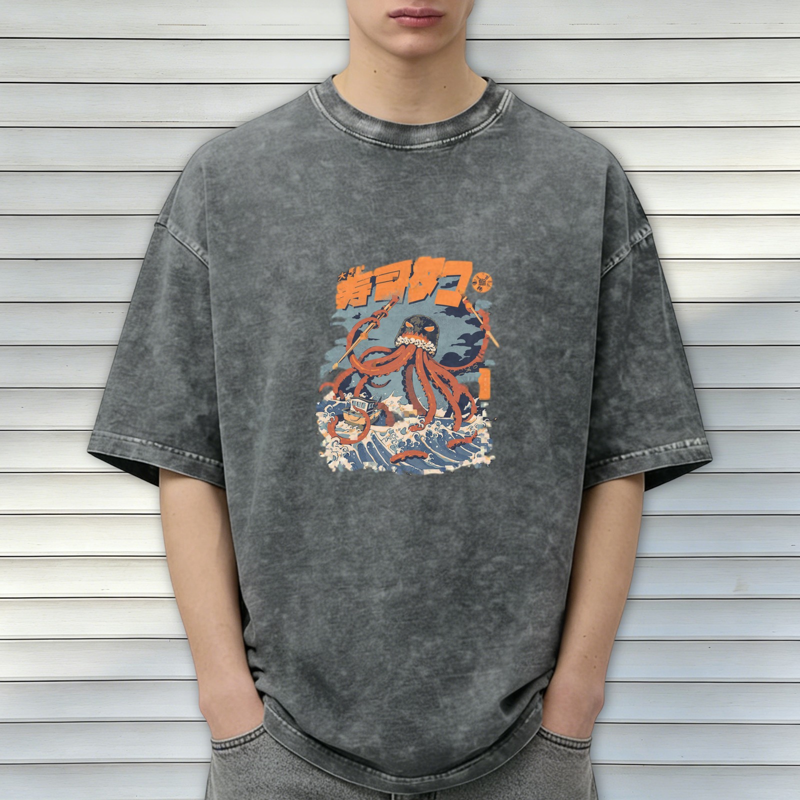Retro washed black octopus illustration short-sleeved T-shirt Japanese Ukiyo-e style octopus pattern casual top