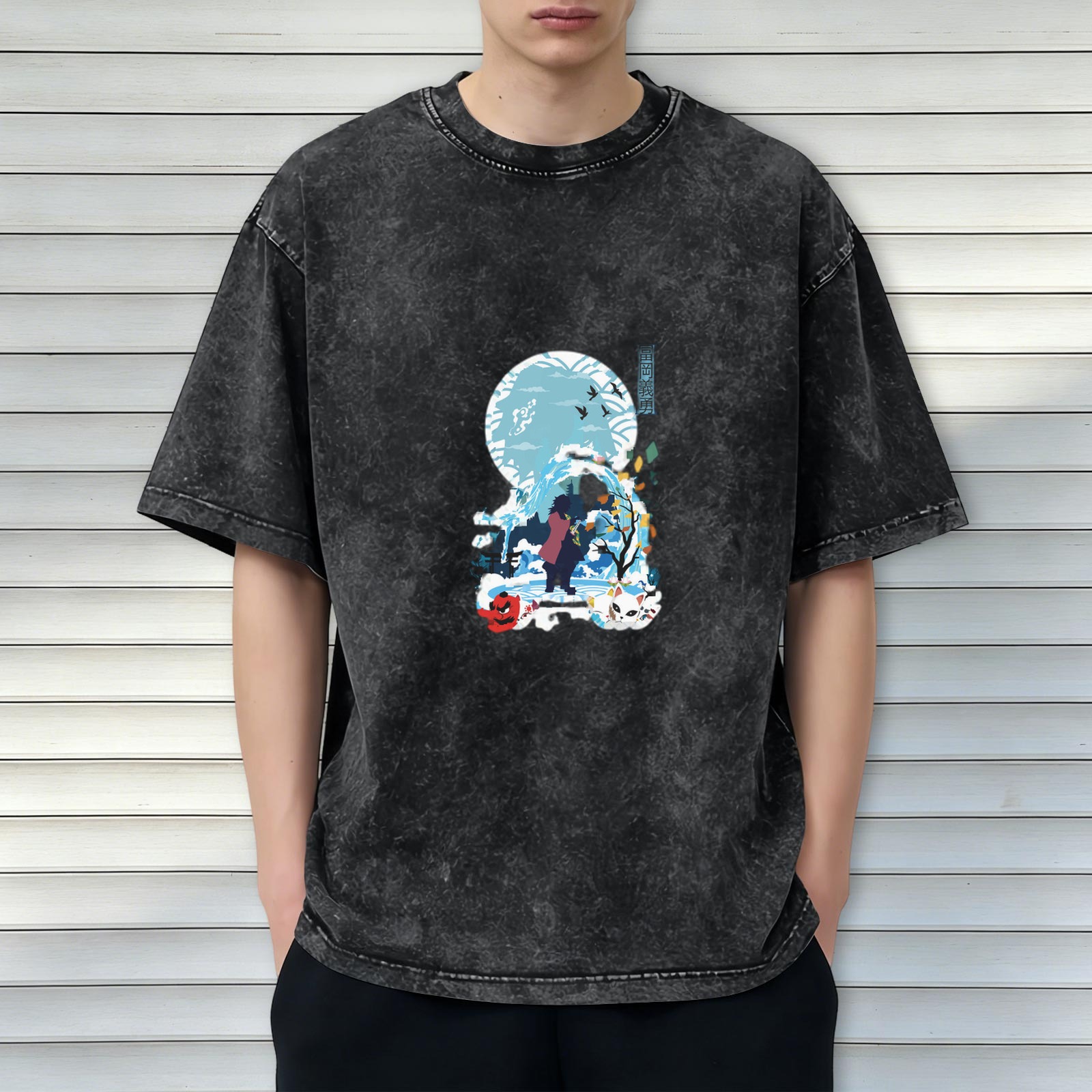 Washed Black Oversized T-Shirt With Anime Water Moon Graphic