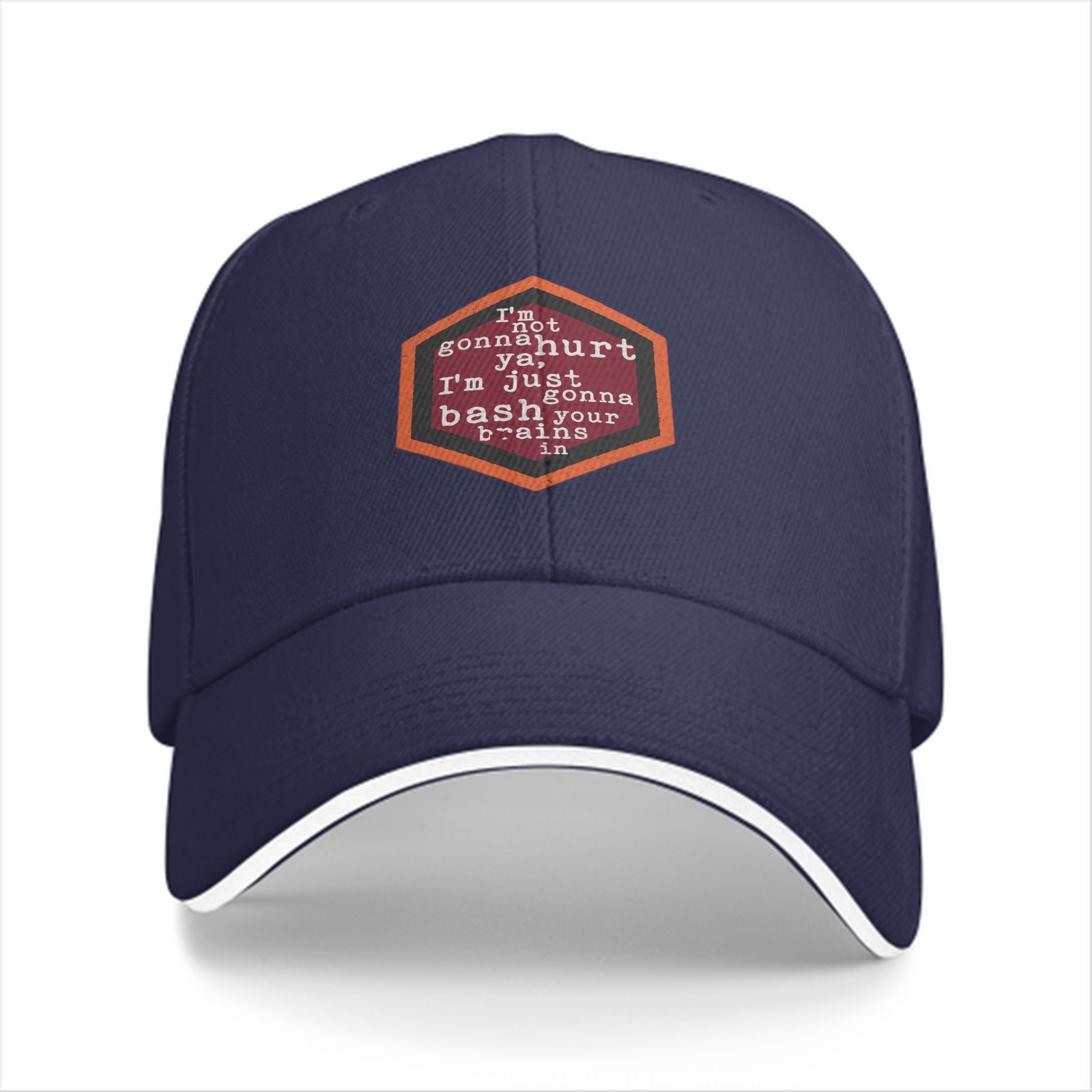 Black baseball cap with humorous hexagon text graphic