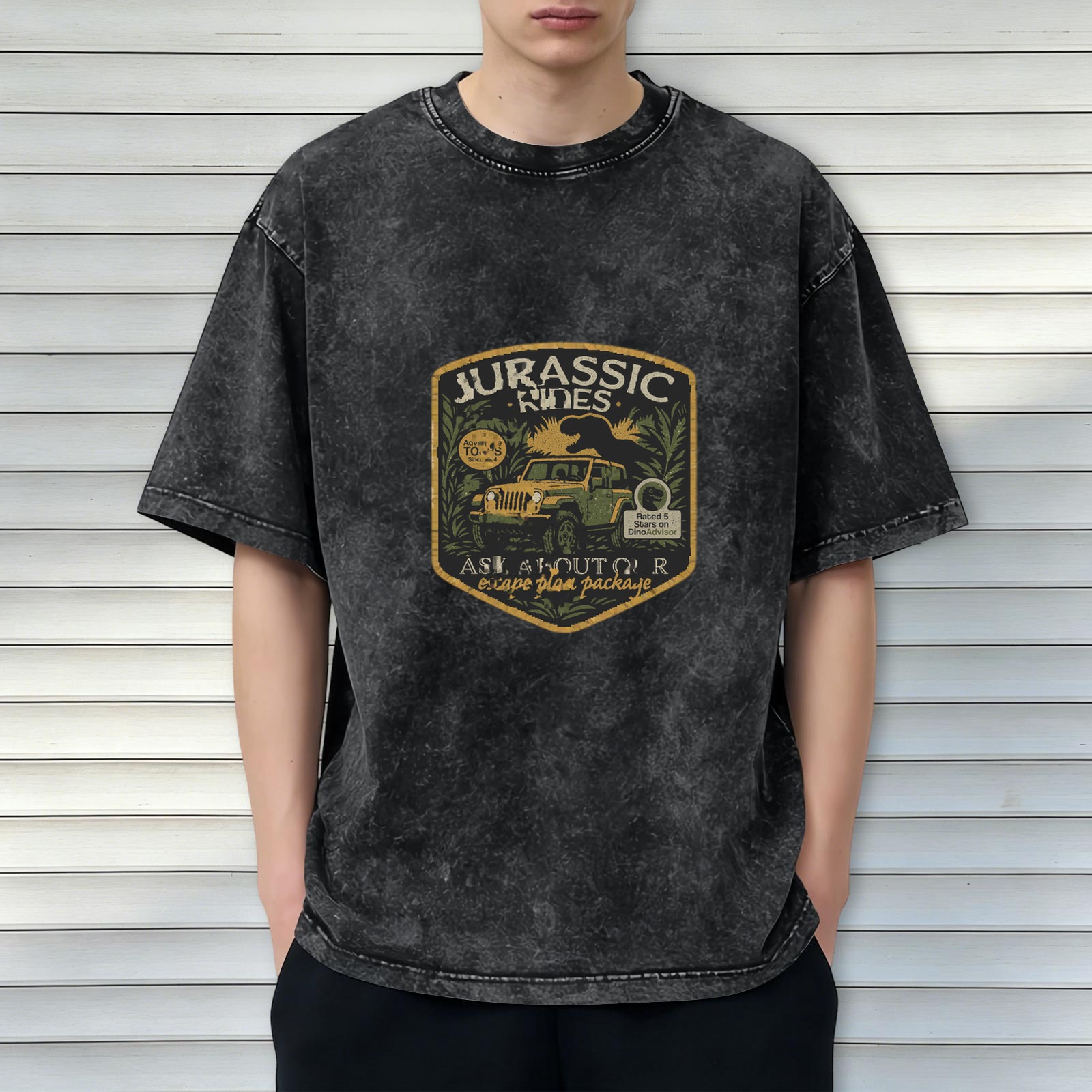 Jurassic Rides Graphic Print Acid Wash Oversized T-Shirt