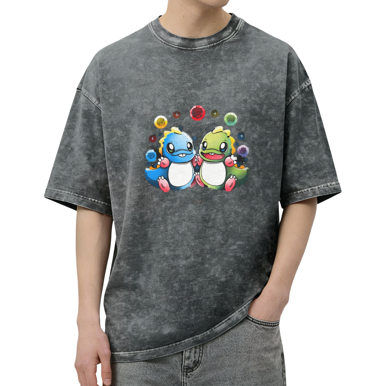 Washed black graphic t-shirt with cute cartoon dinosaurs and colorful bubbles