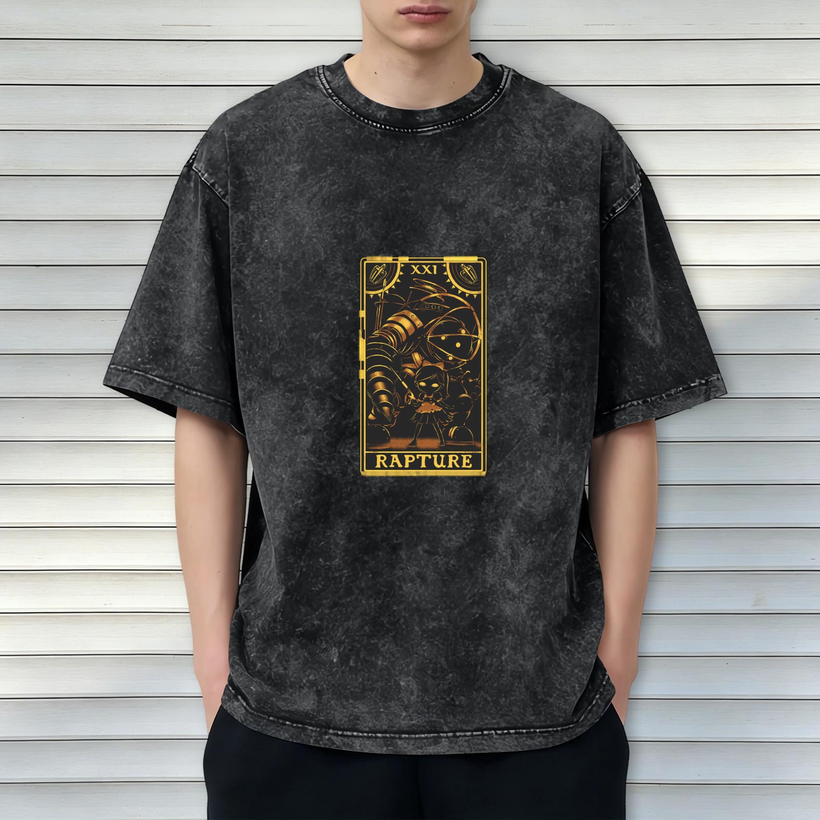 Bioshock Rapture Tarot Card Graphic Acid Wash T-shirt