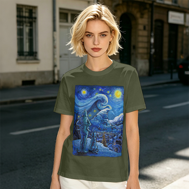 Olive T-Shirt with Starry Night Alien Landscape Art Print