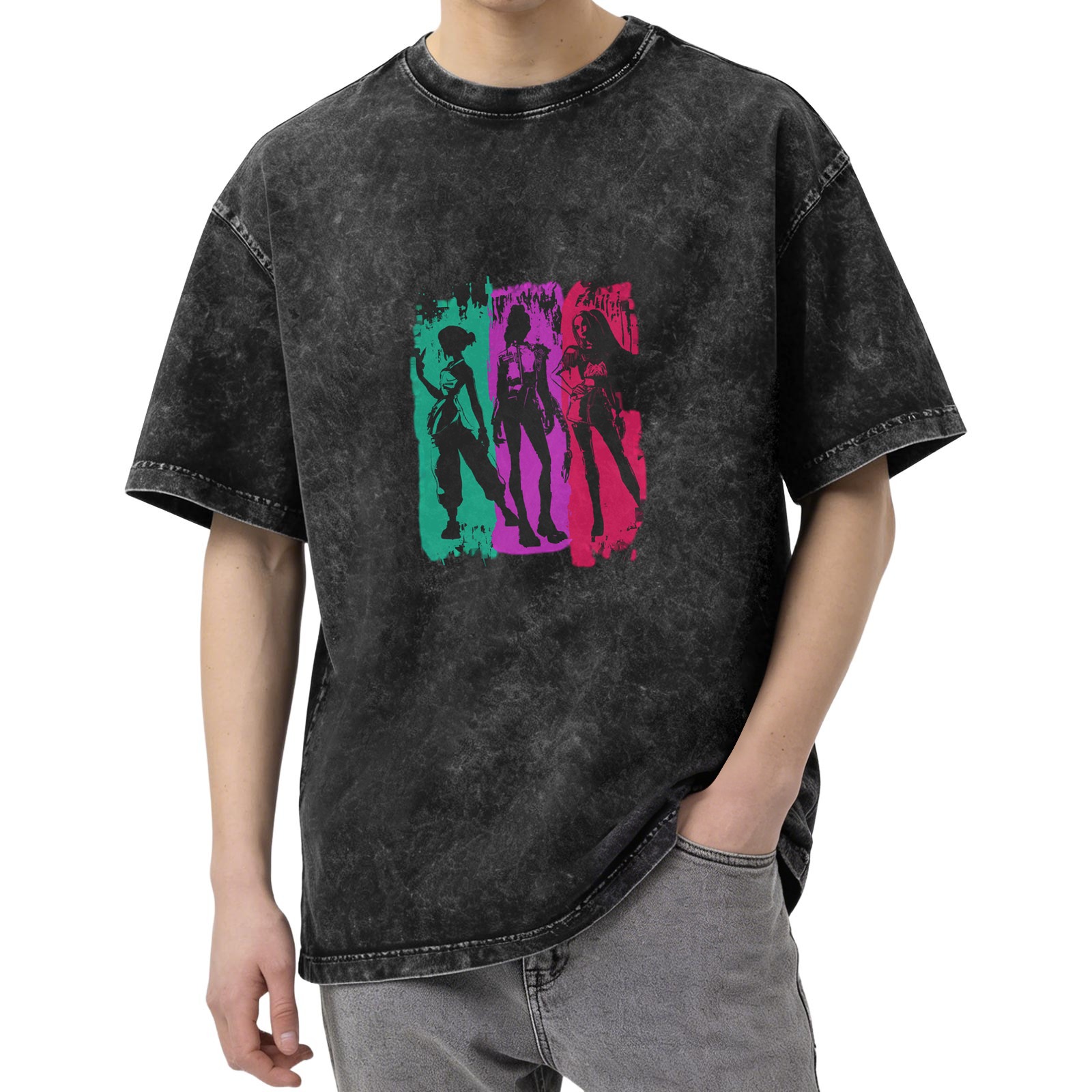 Washed Black T-Shirt with Neon Three Female Silhouette Print