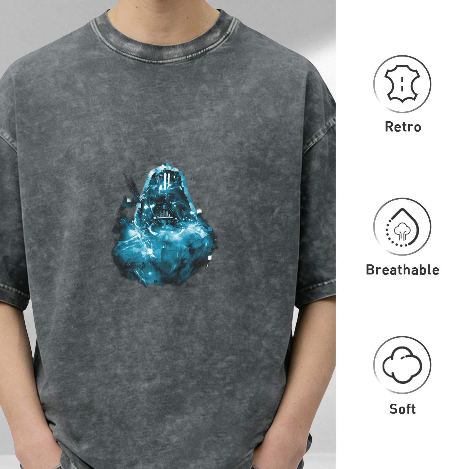 Washed Black Oversized T-Shirt With Glowing Blue Darth Vader Graphic