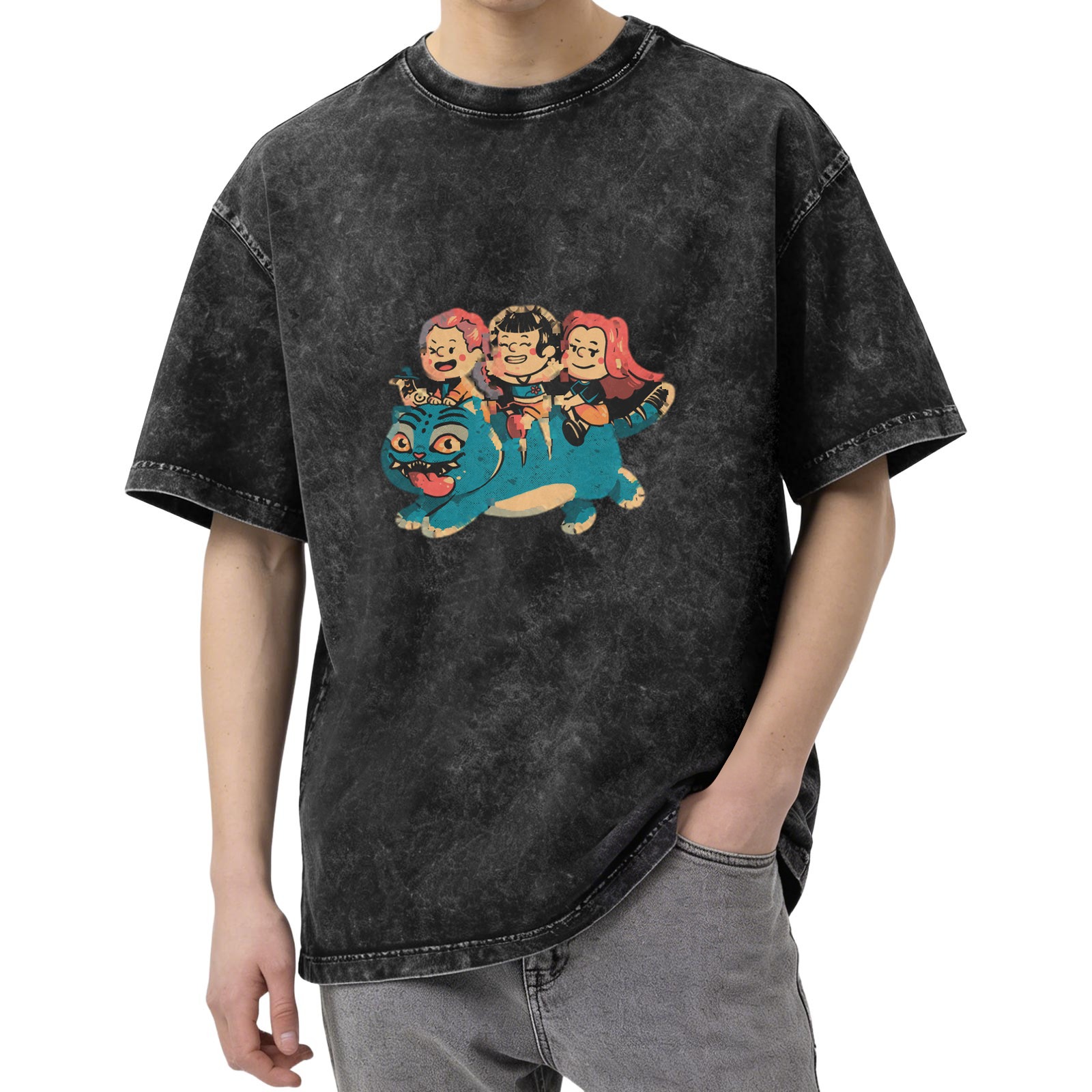 Oversized acid wash t-shirt with cartoon kids riding a blue cat graphic